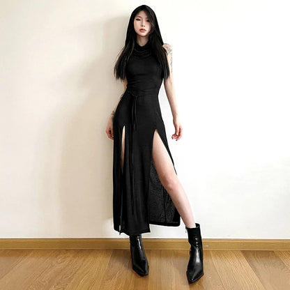 European And American Style Sleeveless Hooded Dress Long Split Hollow out Pure Color Women's Gown