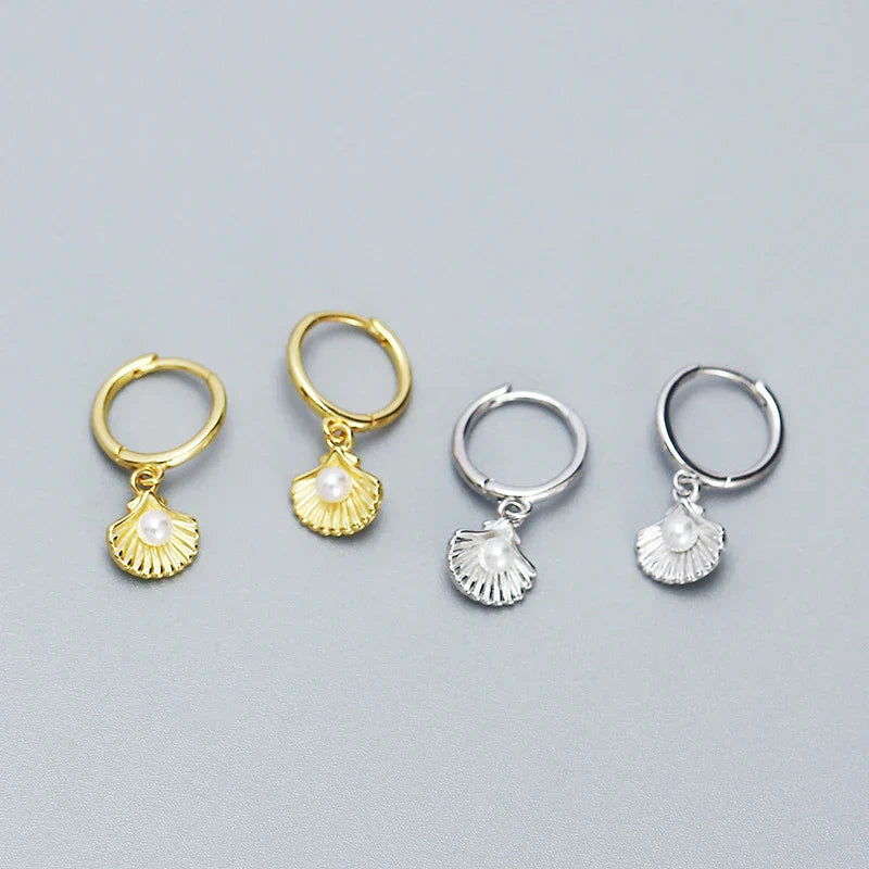 925 Sterling Silver Romantic Sea Shell Pendant Synthetic Pearl Drop Earrings for Women Trendy Beach Bohemian Part Jewelry