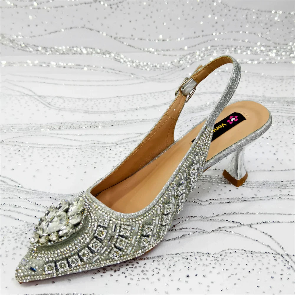 Elegant Rhinestone Pointed Toe Pumps With Matching Bag Set Large Size shoes Big Bag for Women's Party High Heels