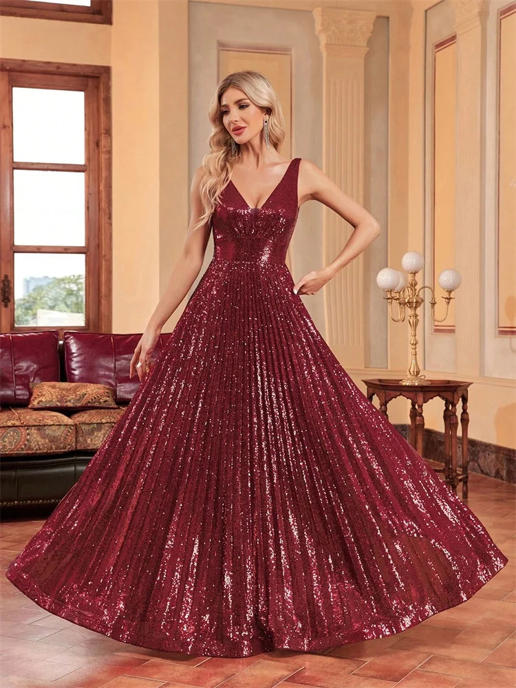 Luxury Red V-Neck Sleeveless Formal Evening Dresses Women Sequins Wedding Party Prom Maxi Cocktail Gowns Vestidos