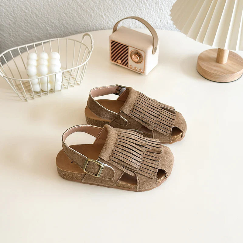 Summer Anti-Slippery Kids Suede Sandals for Girls Non-Slip Closed Toe Toddler Beach Shoes with Cute Tassels School Casual Wear
