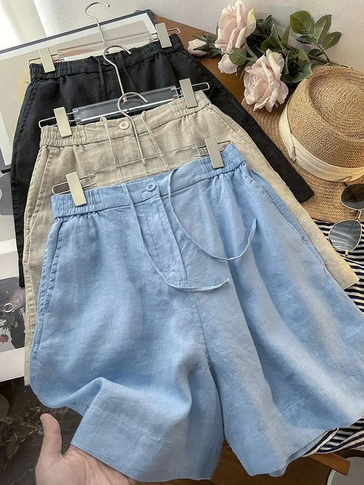 Japanese Simple Solid Color Pure Cotton Linen Casual Versatile Straight Elastic Waist Shorts Women's Middle Pants