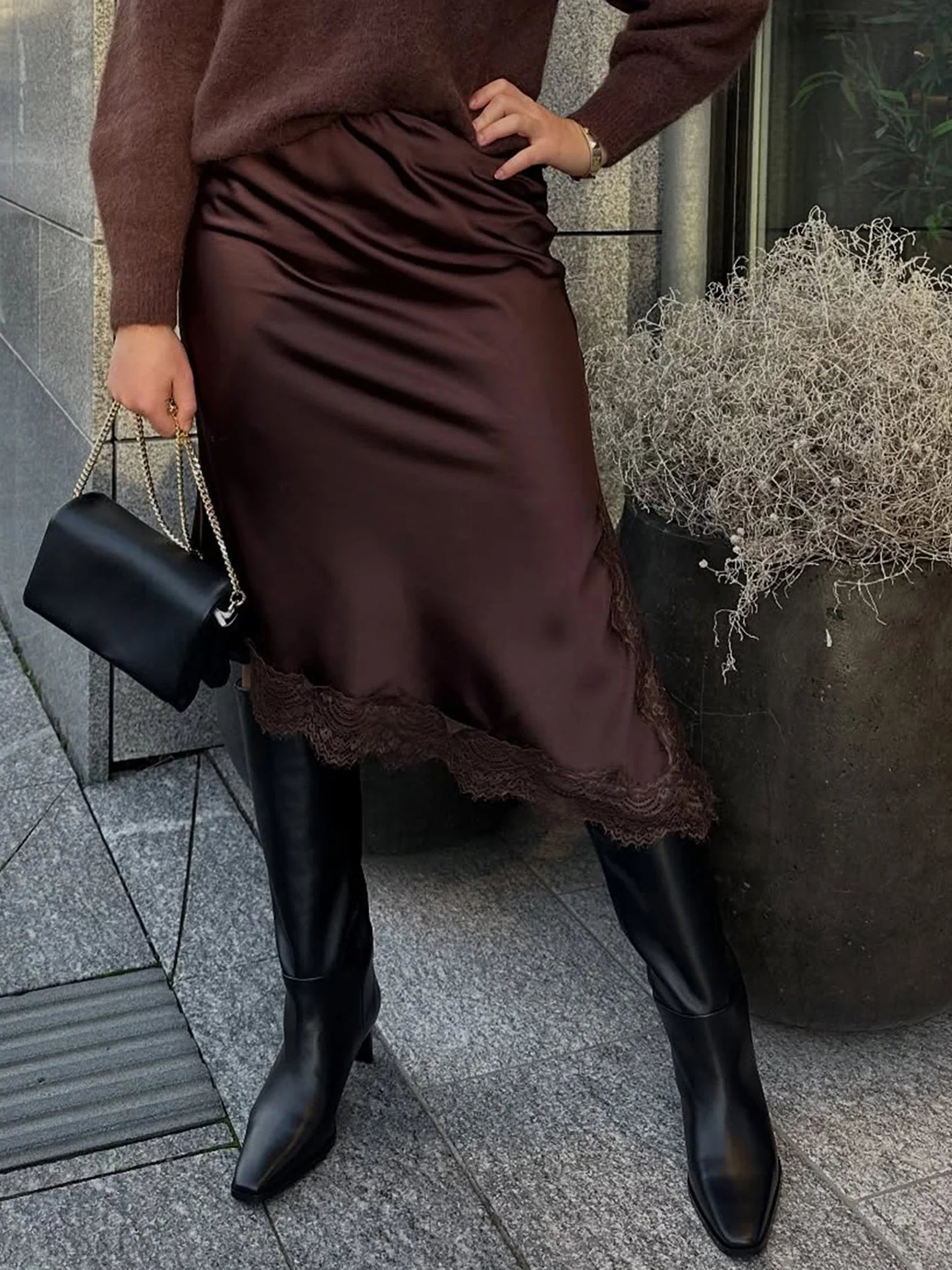 Women Satin Lace Trim Midi Skirt Polka Dot Print High Waist A-Line Skirts Vintage Silk Going Out Dress Y2k Streetwear Clubwear