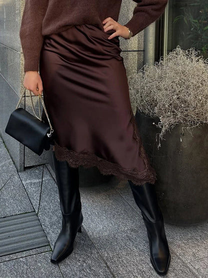 Women Satin Lace Trim Midi Skirt Polka Dot Print High Waist A-Line Skirts Vintage Silk Going Out Dress Y2k Streetwear Clubwear