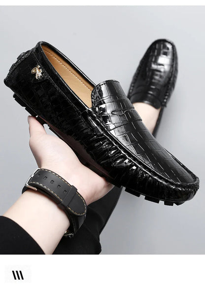 Patent Leather Loafers for Men, Crocodile Pattern, Korean Style, Trendy, Popular Casual Leather Shoes, Slip-On Loafers, Lazy Shoes