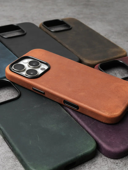Genuine Leather Case for iPhone 17 16 15 Pro Max Magnetic PULL-UP Cowhide Phone Cover