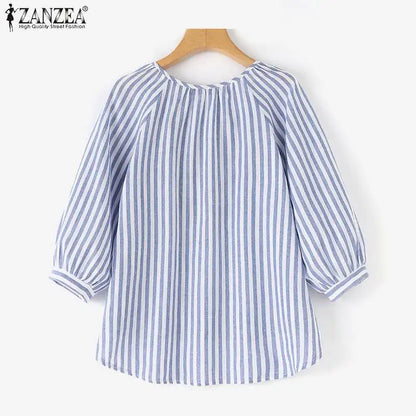 Fashion V Neck 3/4 Sleeve Embroidery Floral Blouse Women Summer Bohemian Striped Tops Casual Holiday Shirt Work Blusas