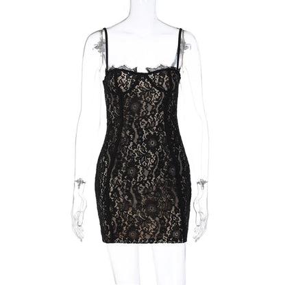 Sexy See Through Lace Spaghetti Strap Mini Dresses Women Package Hip Bodycon Party Night Club Dress Female Streetwear Vestidos