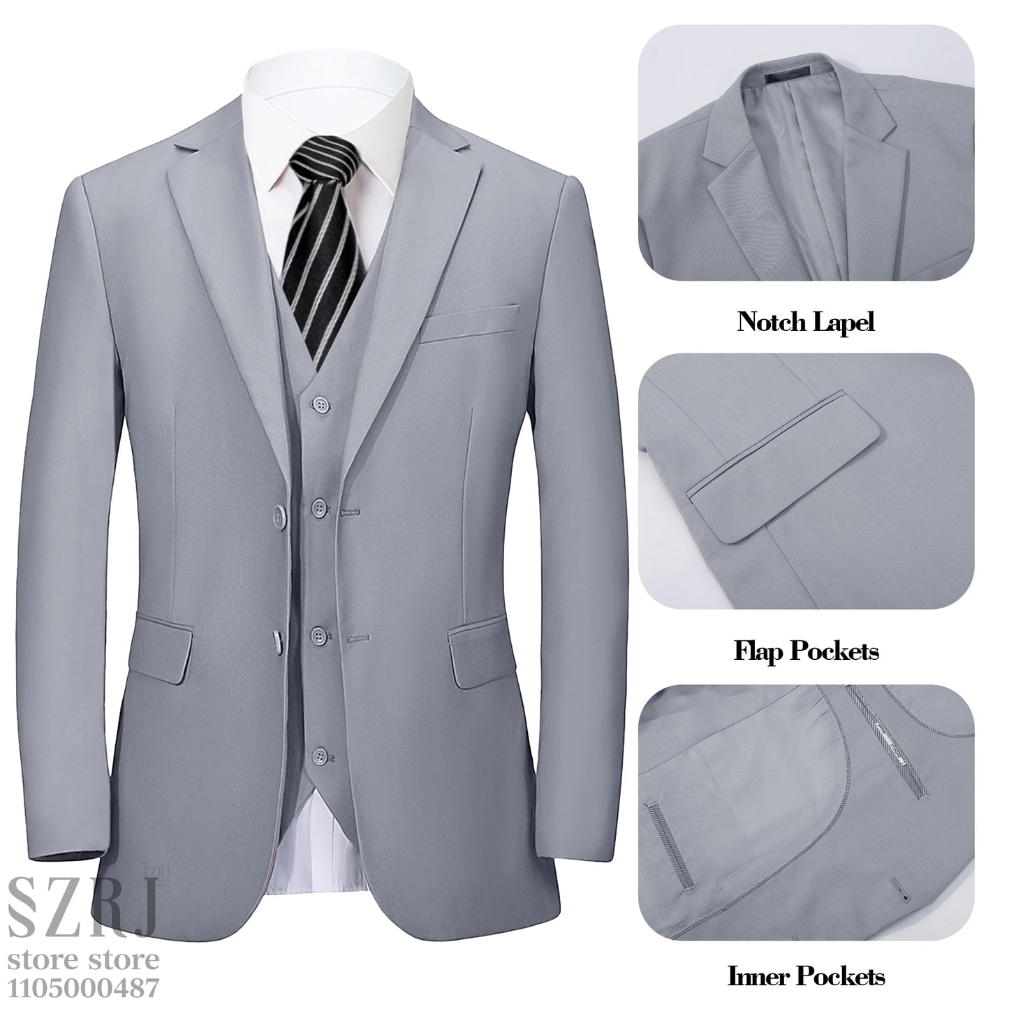 Men's 5-Piece Business Suit Set: Jacket+Vest+Pants+2 Bow Ties (Red+Blue).Premium, Tailored， For Parties, Weddings, Business.