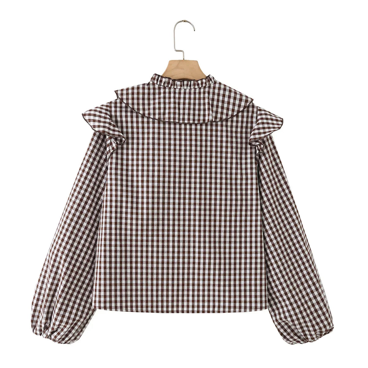 Women's Cotton Gingham Cropped Ruffle Tie Neck Blouse Spring Autumn 2026 Chic Modern Long Sleeve Shirt Tops for Woman