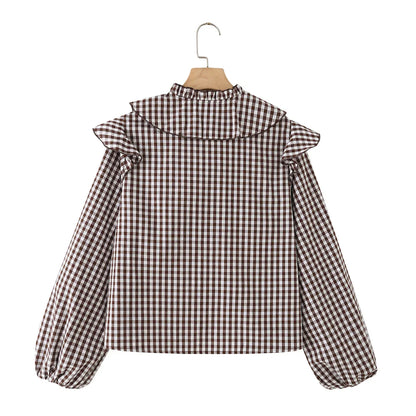 Women's Cotton Gingham Cropped Ruffle Tie Neck Blouse Spring Autumn 2026 Chic Modern Long Sleeve Shirt Tops for Woman
