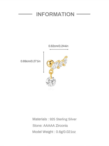 1PC Four Pointed Star Moon Tassel Lotus Cartilage Spiral Puncture 925 Sterling Silver Stud Earring For Women Ins Earring