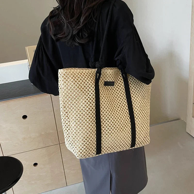 Bolsa Sacola de Palha Tecida de Verão Bolsa de Ombro Feminina Casual de Praia para Férias Bolsas Femininas de Grande Capacidade Cor Sólida