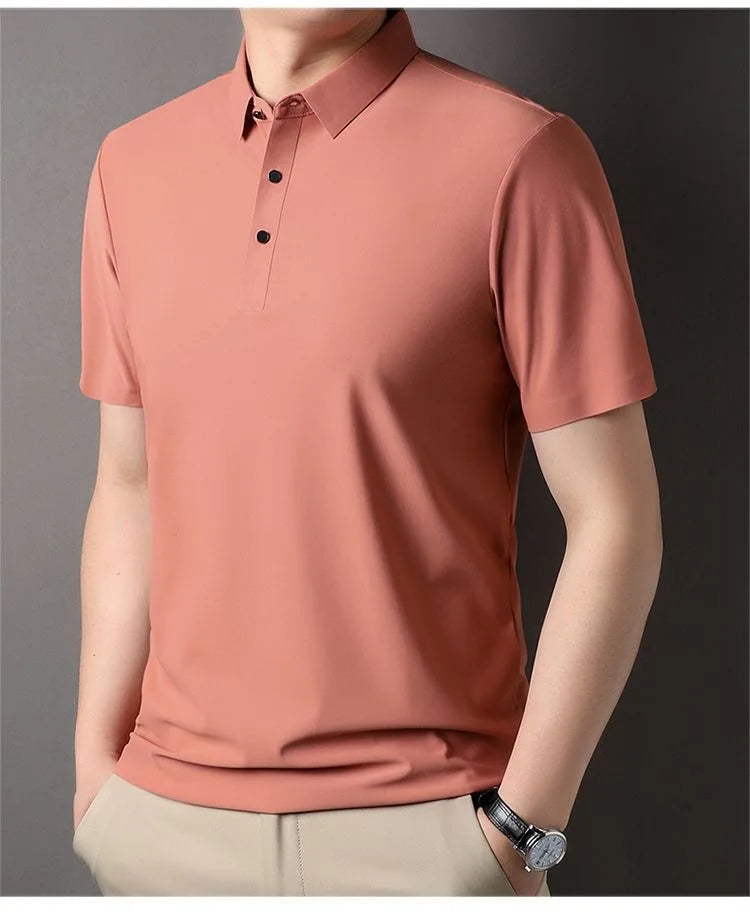 High quality wrinkle resistant ice silk short sleeve t-shirt men's summer Lapel loose casual solid color top high-end polo men