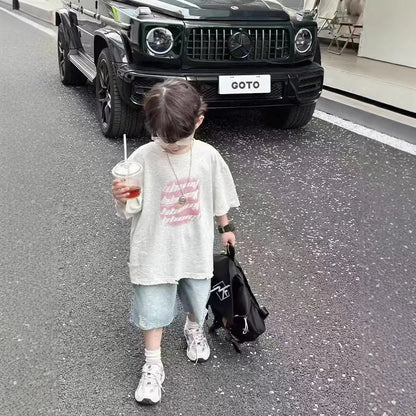 Toddler Boys 2Pcs Summer Outfits Letter Print Short Sleeve T-Shirt Ripped Denim Shorts Set Kids Boys Casual Daily Clothes 2-6Y