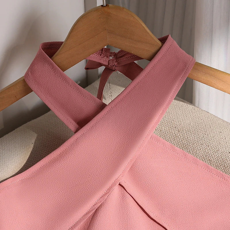 Girls 8-12 Pink Tiered Dress, Front Halter Neck Design & Tiered Ruffle Skirt, Casual Kids Wear