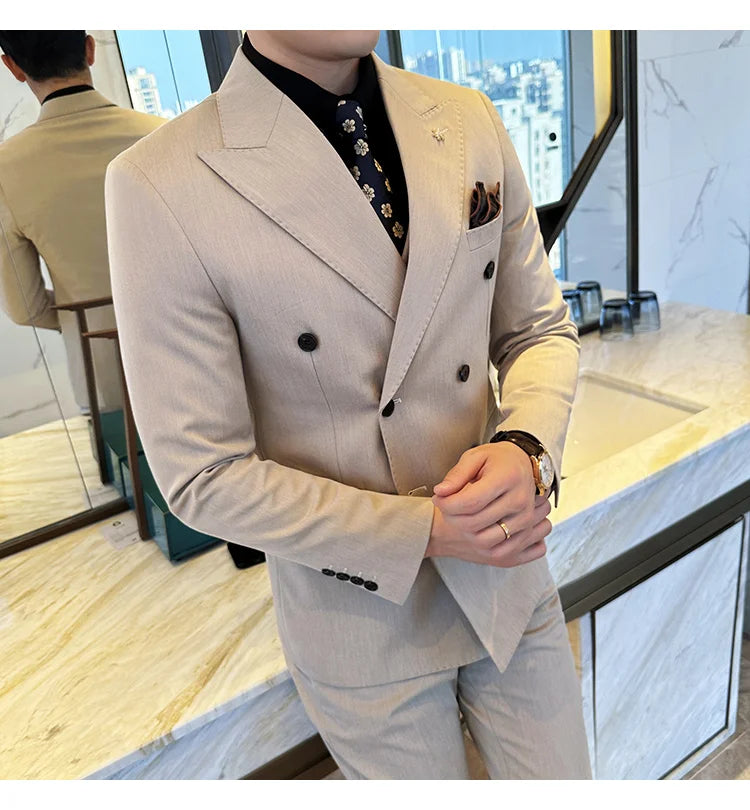 (Jackets+Pants) Luxury Double Breasted Design Slim Fit Suit High Quality Fashion Men's Wedding Social Suit Tuxedo 2 Piece Set