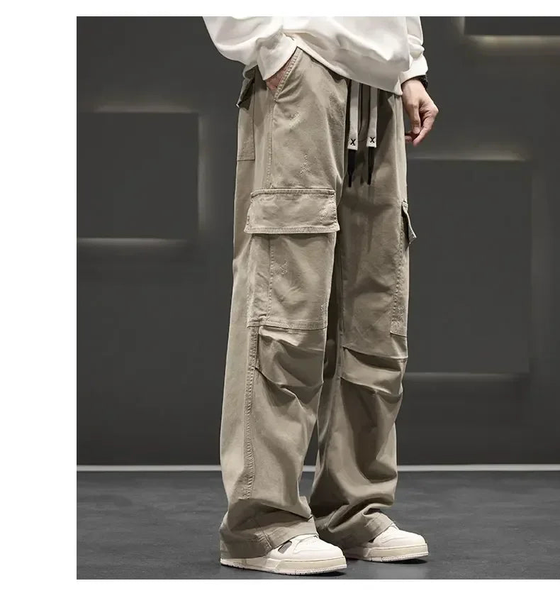 Autumn New Wide Leg Pocket Cargo Pants Men Trousers Neutral Loose Casual Cotton Straight Outdoor Fashion Pants Big Size 8xl
