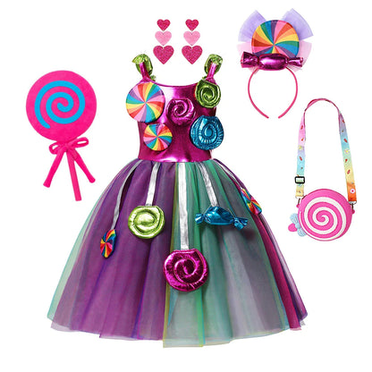 Rainbow Lollipop Girls Dress Sweet Purim Festival Celebrate Costume Fancy Carnival Children Vestidos Princess Cosplay Outfits