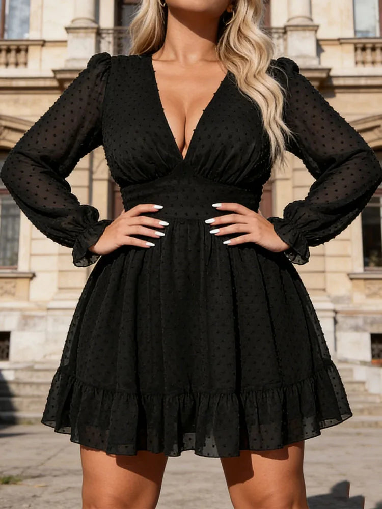 New Sexy V-Neck Short Dress Plus Size Solid Polka Dot Long-Sleeve American Slim A-Line Skirt Elegant Party Women's Evening Dress