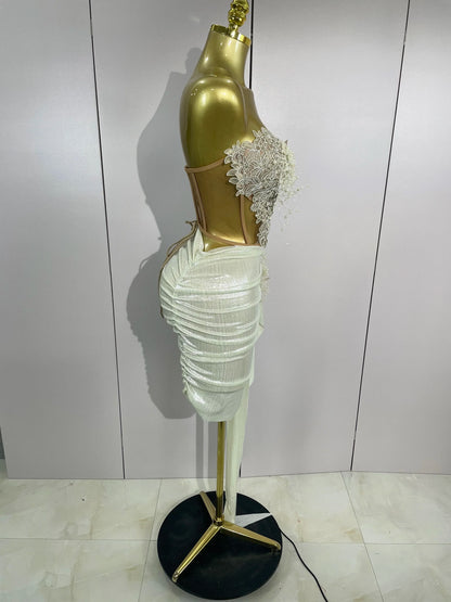 Luxury Shining Pearls Sexy Asymmetrical Skirt 2 PCS Set 2025 Women Evening Birthday Party Stage Dancer Performance Costume