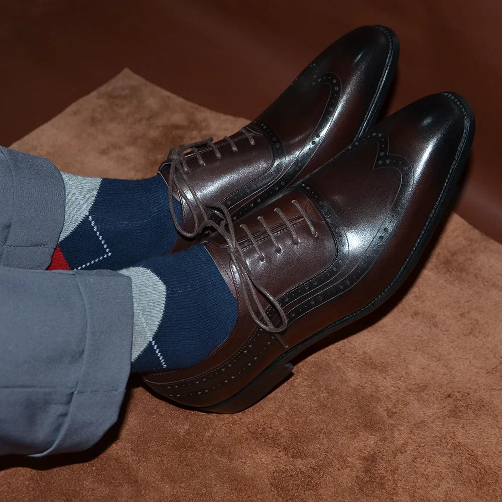 Luxury Mens Wingtip Oxford Dress Shoes Genuine Leather Brogue Dark Brown Lace-up Pointy Toe Business Office Wedding Formal Shoes