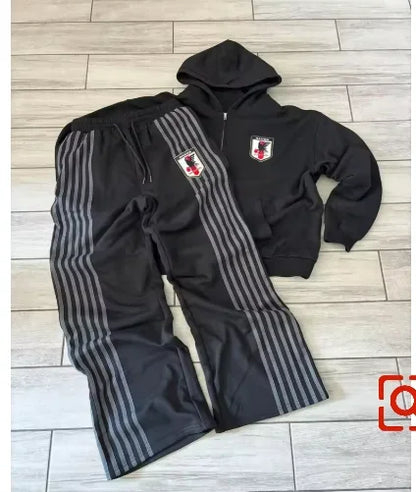Fashion Retro Stripe Embroidery Zipper Hoodie Sweater Set Men's Two-Piece Set Hip Hood Embroidery Oversized Sweater Men's Set