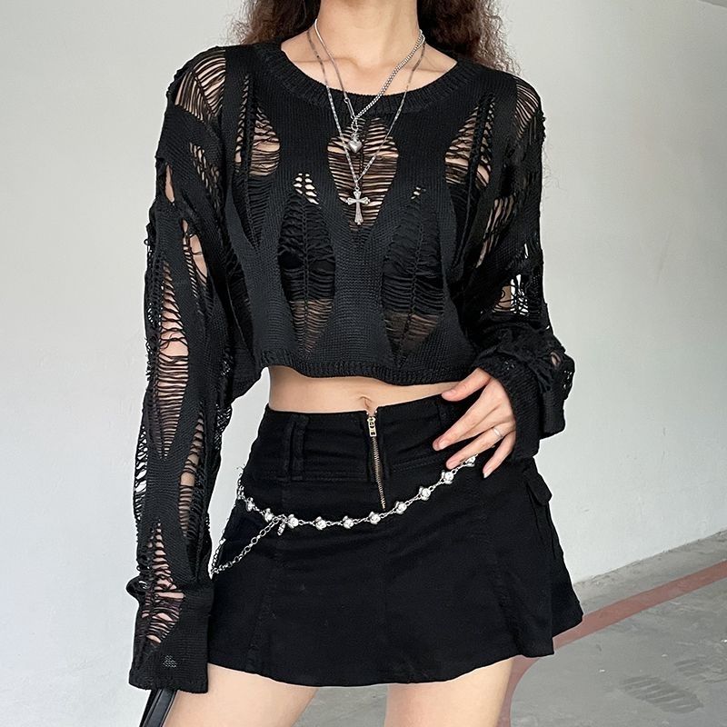 Women Hole Hollow Out Y2K T-shirts Batwing Sleeve Knitted Shirt For Women Loose Streetwear Tops Spring Autumn 2024