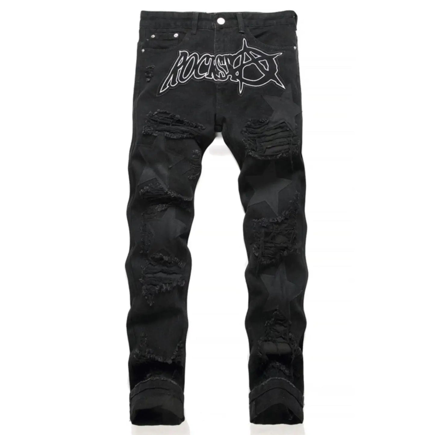 Punk Style Men's Slim Fit Straight Leg Denim Jeans Black Hole Patch Embroidery No Stretch Fashion Urban Casual Cotton Polyest...