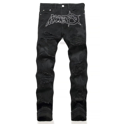 Punk Style Men's Slim Fit Straight Leg Denim Jeans Black Hole Patch Embroidery No Stretch Fashion Urban Casual Cotton Polyest...