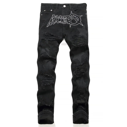 Punk Style Men's Slim Fit Straight Leg Denim Jeans Black Hole Patch Embroidery No Stretch Fashion Urban Casual Cotton Polyest...