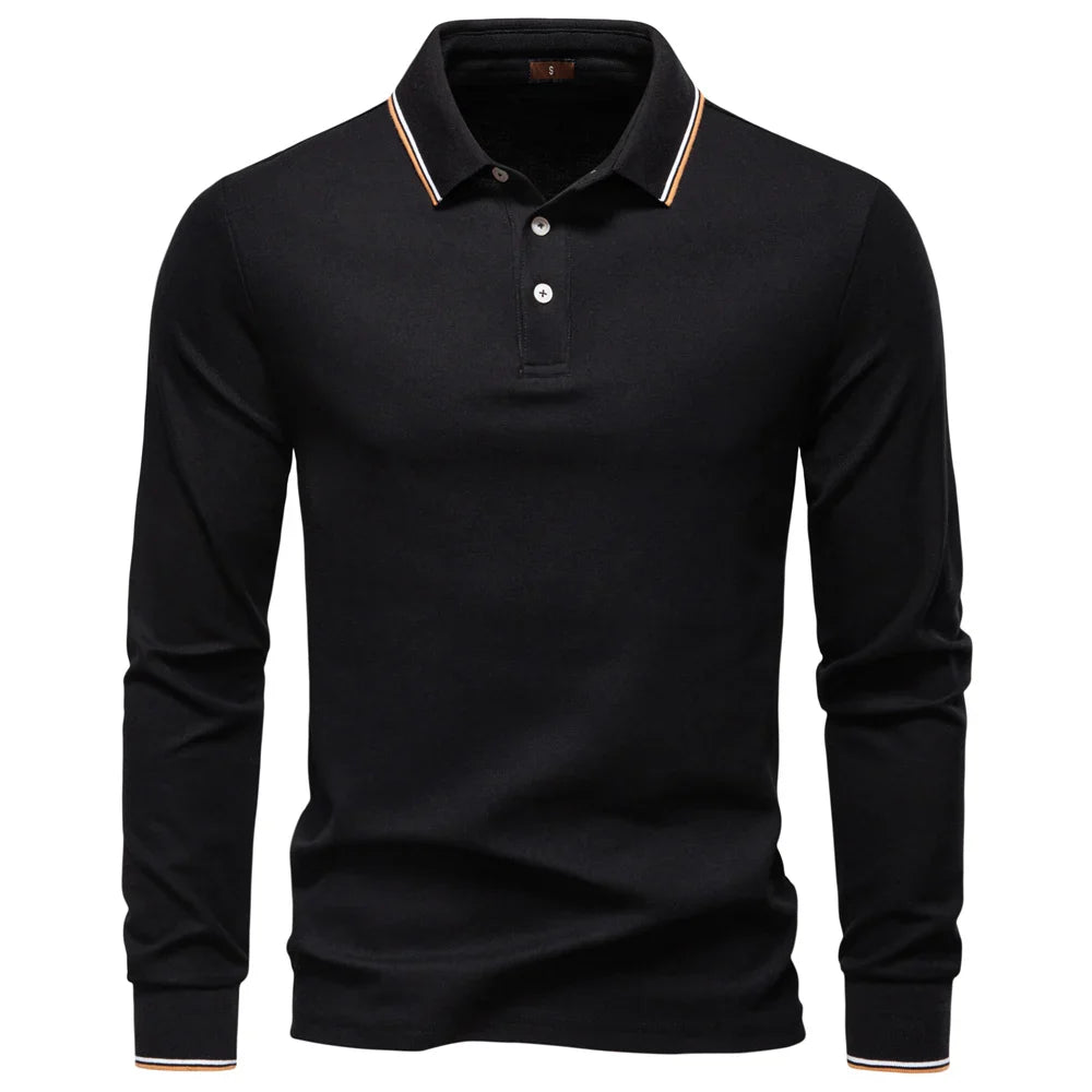 Men's Henley Neck Polo Shirt Cotton Solid Color Long Sleeve Autumn Winter Premium Luxury Mens Top