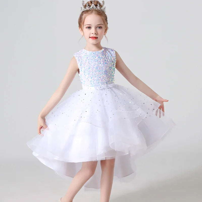 Summer Sequin Lace Tuxedo Wedding Dress for girls 3-13 years old Sleeveless fluffy Mesh gauze Doveark brand