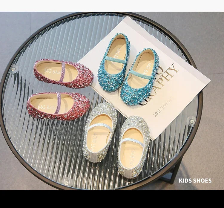 Children's 2025 new single shoe girls' fashion show sequined crystal shoes baby Baotou fashionable soft soled princess shoes