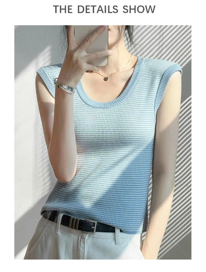 2026 Spring Summer O-Neck Striped Vest Top Simple Slim Fit Sleeveless Casual Versatile Women's Tank Top