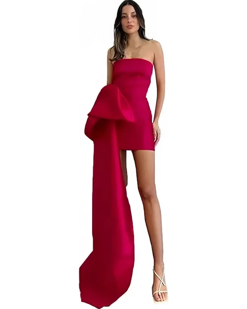 Satin Homecoming Dresses Short A Line Prom Dress Strapless Zipper Open Back Side Big Bow Mini Cocktail Gown Dance Party Dress