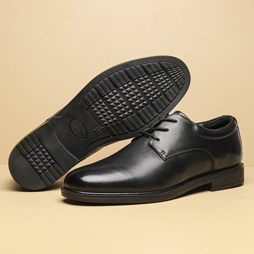 Men's Black Formal Dress Shoes Genuine Cow Leather Derby Shoes Pigskin Lined Ultra Soft Rubber Sole Formal Footwear