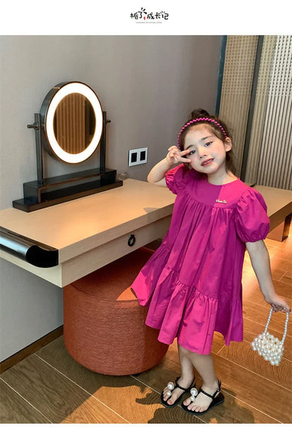 New Girls Princess Dress 2026 Summer Children Loose Sweet Rose Red Dress Kids Short Sleeve Patchwork Dress 2-8 Years