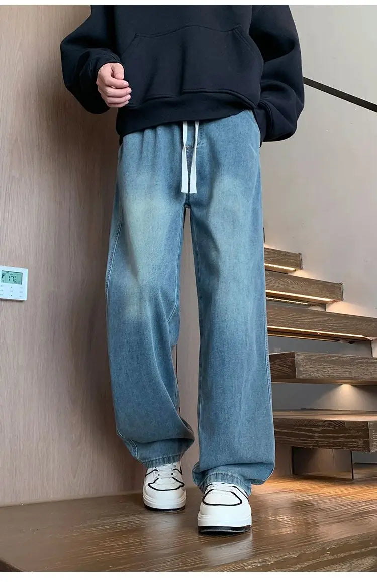 Calças masculinas casuais, calças retas soltas, primavera verão, nova moda, jeans masculinos de cintura alta com pernas largas