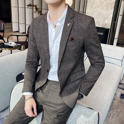 Hemp Suit (Blazer + Pants) Men's Fashion Hosts British Style Work Business Wedding Casual Art Style Elegant Gentleman Suit M-5XL