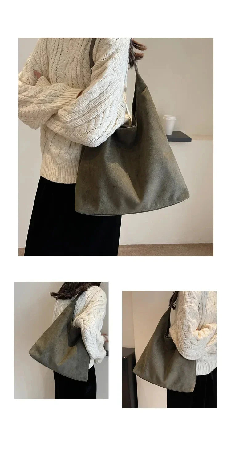 Korean suede bucket bag, women's casual commuting shoulder tote bag, autumn/winter 2025 new underarm set bag