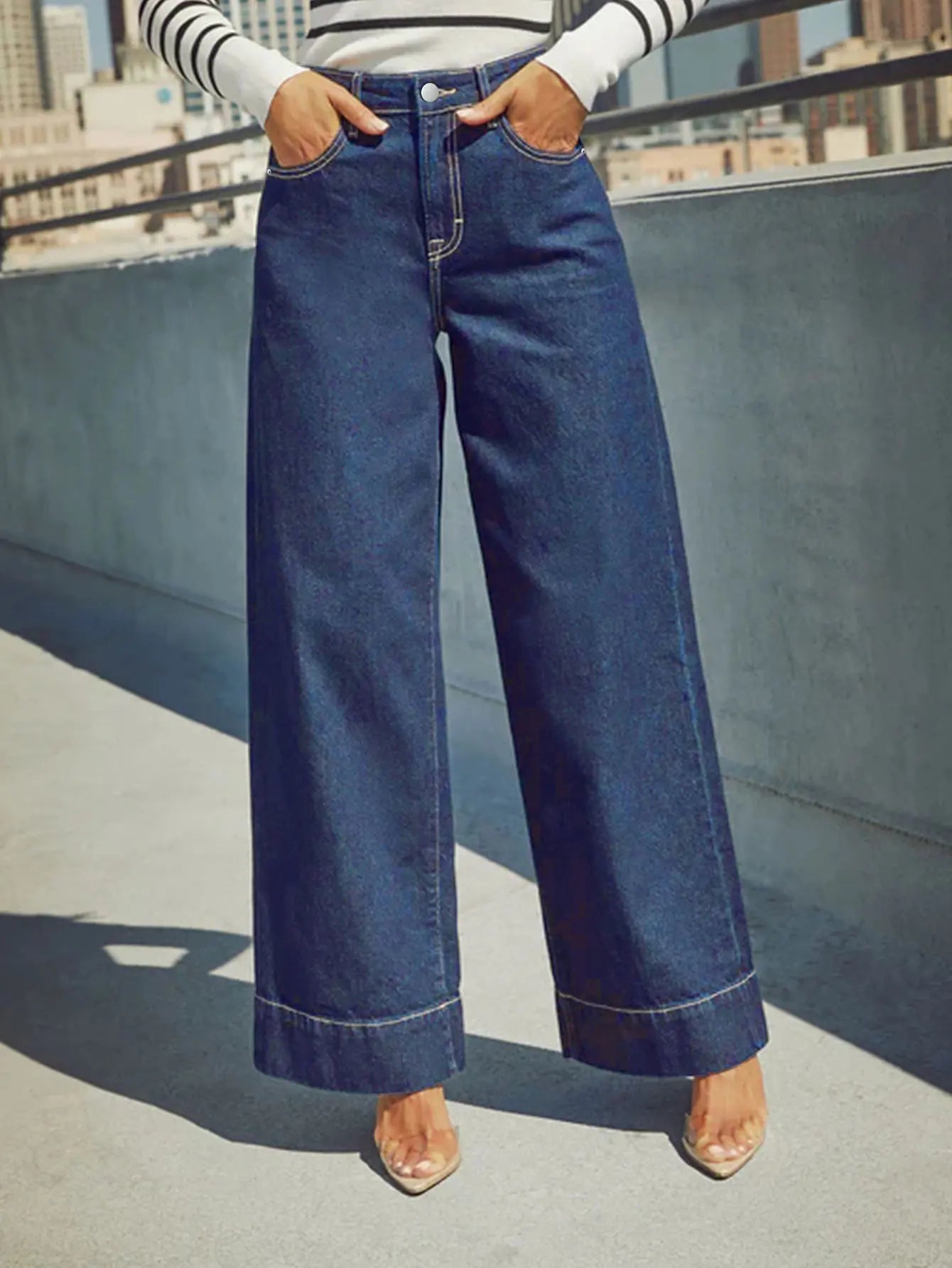 Women's High Waist Wide Leg Jeans - Classic dark blue washed stretch jeans