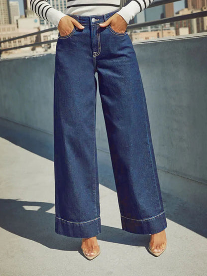 Women's High Waist Wide Leg Jeans - Classic dark blue washed stretch jeans