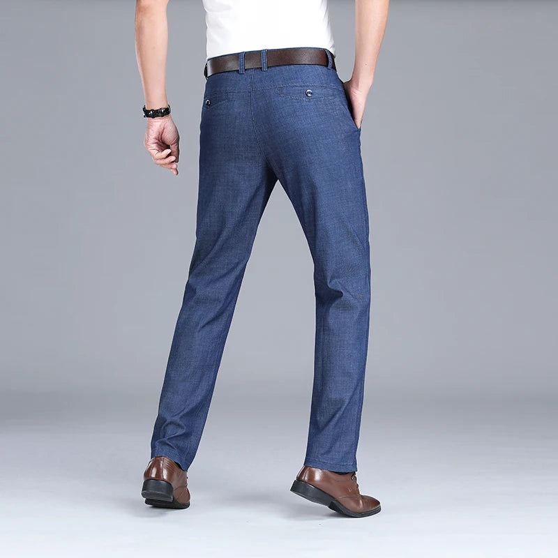 2024 New Men's Summer Thin Jeans Loose Stretch Large Size Ice Silk Straight Pants Elite Business Casual Pants Smoke Gray Blue