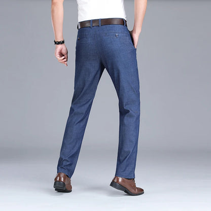 2024 New Men's Summer Thin Jeans Loose Stretch Large Size Ice Silk Straight Pants Elite Business Casual Pants Smoke Gray Blue