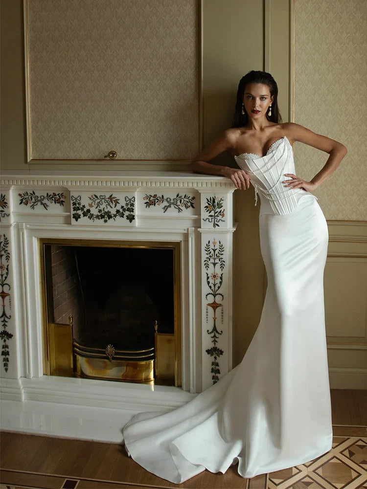 Booma Mermaid Sweetheart Pealrs Sleeveless Satin Simple Wedding Dresses Long Brides Gown Custom Made 2026