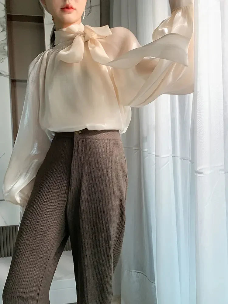 Women's Satin Blouses Stylish Big Bow Shirts 2023 Spring Autumn New Fashion Korean Edition Casual Puff Sleeve Female Solid Top