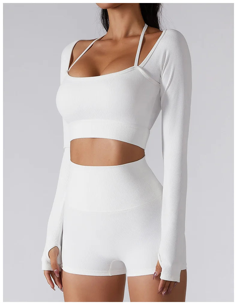 Women Yoga Set Gym Clothing Tracksuit Long Sleeve Crop Top One Shoulder Bra High Waist Seamless Leggings Fitness Sports Suits