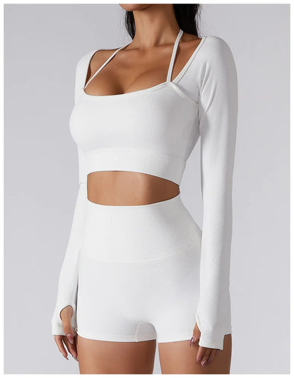 Women Yoga Set Gym Clothing Tracksuit Long Sleeve Crop Top One Shoulder Bra High Waist Seamless Leggings Fitness Sports Suits