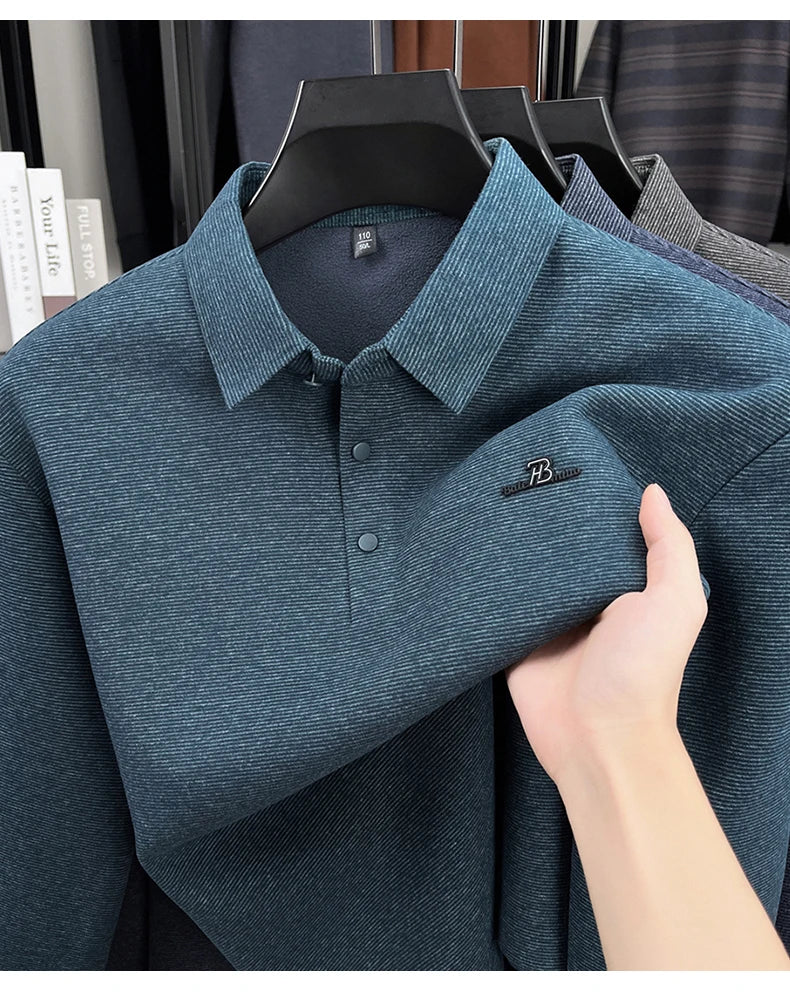 Fashion brand men's long sleeve polo shirt soft plush warm comfort new letter embossed solid color business casual lapel T-shirt
